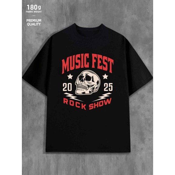 Rock Fest Skull men 180G 100% Cotton black Retro Unisex Shirt Crewneck tshirts Trendy Unisex Shirt Printed tshirts Casual Unisex Shirt Crewneck tshirts Fashion Unisex Shirt Graphic tshirts