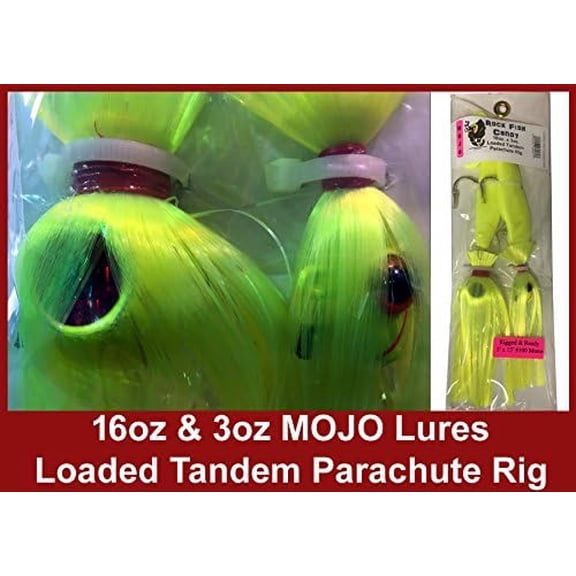 - Rock Fish Candy 16 oz & 3 oz Mojo Lures Loaded with 9-Inch Swimbait Shad Bodies Tandem Parachute Rigged & Ready (Chartreuse)$$Sport & Recreation Other