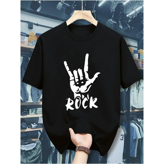 Rock Gesture Graphic T-Shirt for Men, Casual Crew Neck Short Sleeve Polyester Tee with Slight Stretch, Geometric Pattern Heat Transfer Print - Summer Wear