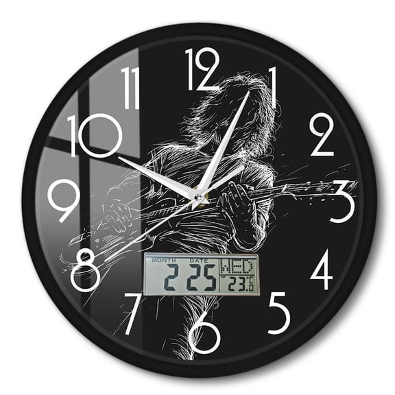 Rock Guitarist Sketch Style Metal Frame Wall Clock with Modern Design Temperature Calendar Display,Abstract Musical Silent 12'' Clock for Music Studio Room Rock n Roll Guitar Player Gift