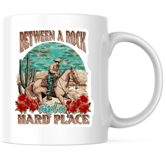 Between a Rock and a Hard Place Coffee Mug - Western Cowboy Mug - Unique Desert Art 11 Ounce Coffee Mug - Premium Ceramic - Design Printed On Both Sides - BMCM03764