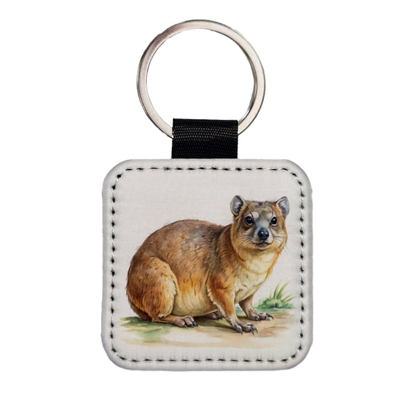 Rock Hyrax Dassie Watercolor Faux Leather Square Keychain