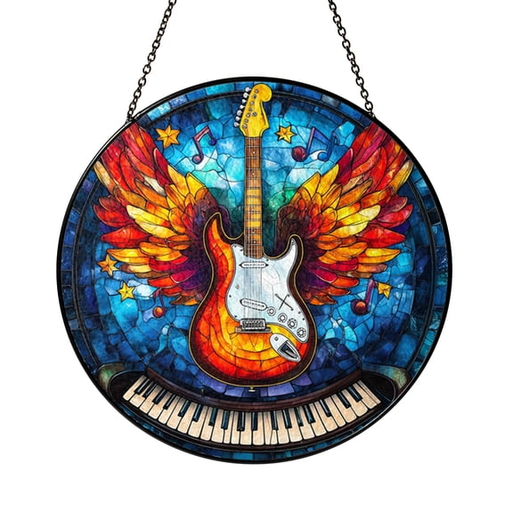 Rock Inspired Glass Window Hanging Art, Guitar Music Suncatcher Decor, Vintage Style Ornament for Studio or Living Space