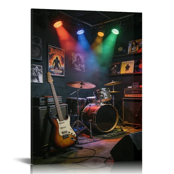 Rock Instrument Stage Light Vintage Music Style Printed Canvas Wall Art Hidden Wooden Frame Cool Decor for Living Room and Music Casual Area 8x12in