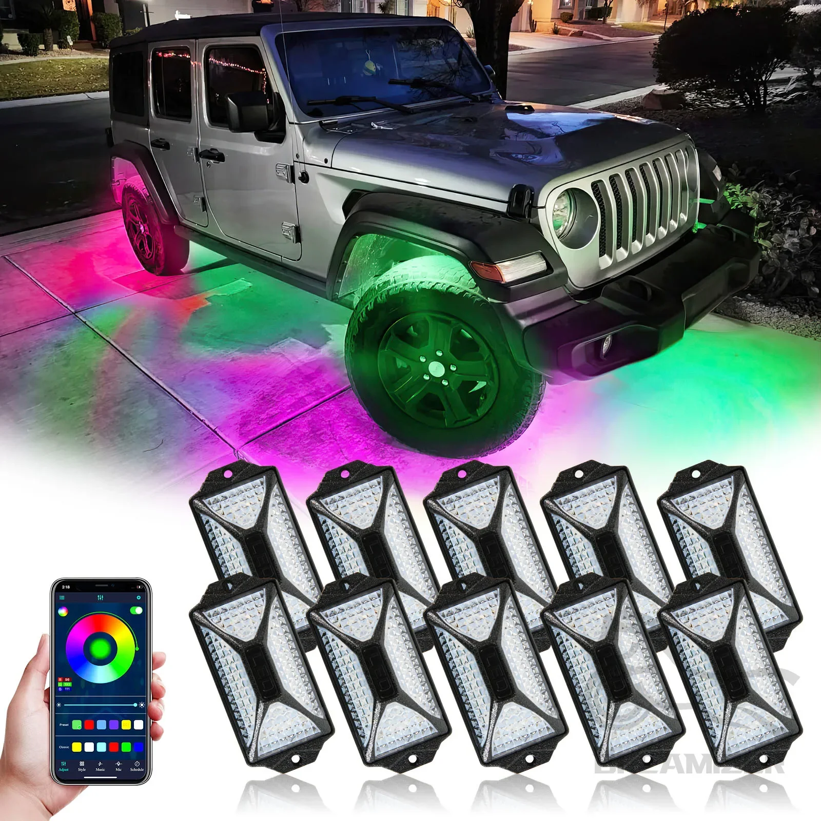 Kit 10 Pods LED RGB Underglow Rock Lights – Télécommande Et APP Bluetooth, IP68, Jeep 4x4