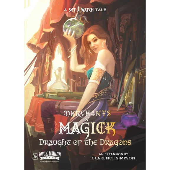Rock Manor Games: Merchants of Magick - Draught of the Dragons - Expansion, Roll & Write Board Game, Merchant Shop, Dark Fantasy, Ages 13+, 1-8 Player
