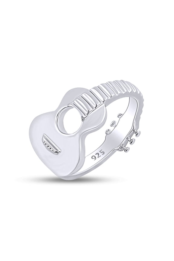 14K White Gold Plated Sterling Silver Music Acoustic Guitar Ring for Mens or Womens-4