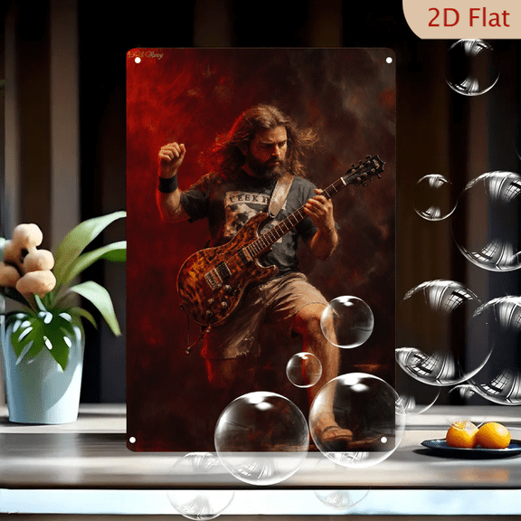 Rock Music Art 8x12inches Metal Wall Decor, Dramatic Bearded Guitarist in Red Smoke with Fleetwood Mac T-Shirt and Sunburst Electric Guitar for Home Living Room Bar