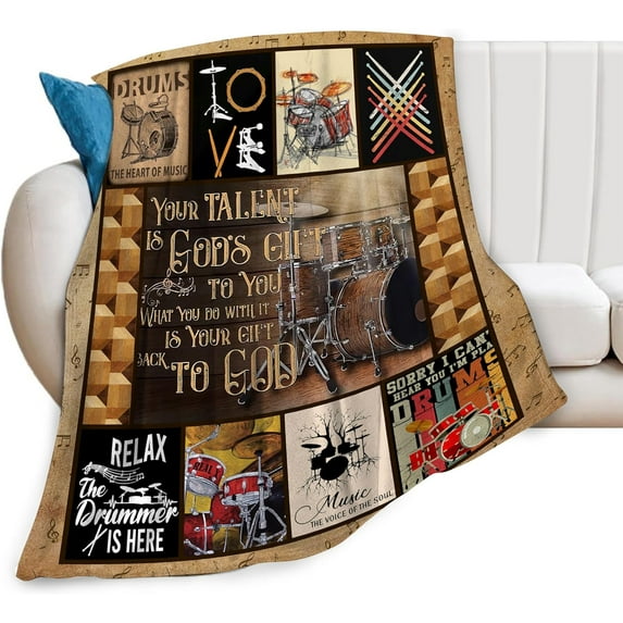 Rock Music Blanket Retro Drum Set Kit Throw Blanket Ultra Soft Cozy Fleece Vintage Musical Instrument Theme Gift Fuzzy Plush Bedding Blankets for Kids Teens Adults Girls Boys Women Men 60"x50"