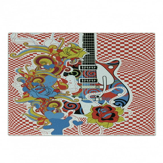Rock Music Cutting Board, Colorful Abstract Floral Elements with Sixties Inspired Guitar Design Checkered, Decorative Tempered Glass Cutting and Serving Board, Small Size, Multicolor, by Ambesonne