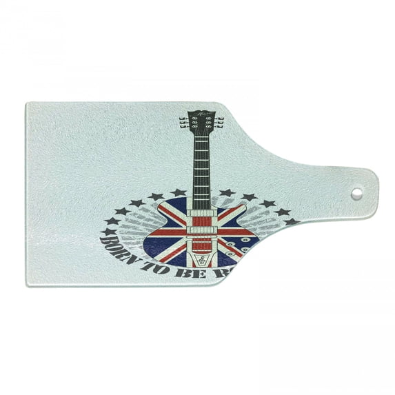 Rock Music Cutting Board, Union Jack Patterned Guitar Stars Union Jack Design Musical Instrument, Tempered Glass Cutting and Serving Board, Wine Bottle Shape, Red Royal Blue Cream, by Ambesonne