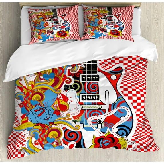 Rock Music Duvet Cover Set King Size, Colorful Abstract Floral Elements with Sixties Inspired Guitar Design Checkered, Decorative 3 Piece Bedding Set with 2 Pillow Shams, Multicolor, by Ambesonne