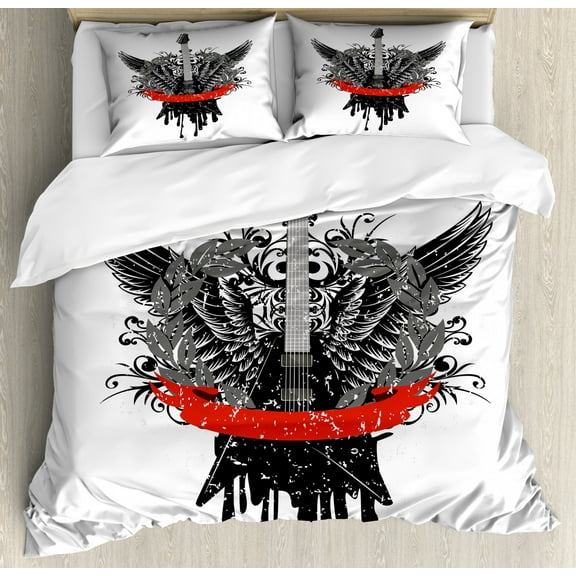 Rock Music Duvet Cover Set King Size, Guitar Wings Leaf Pattern Ribbon Color Dripping Electronic Instrument Design, Decorative 3 Piece Bedding Set with 2 Pillow Shams, Scarlet Black, by Ambesonne
