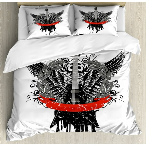 Rock Music Duvet Cover Set King Size, Guitar Wings Leaf Pattern Ribbon Color Dripping Electronic Instrument Design, Decorative 3 Piece Bedding Set with 2 Pillow Shams, Scarlet Black, by Ambesonne