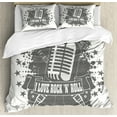 thumbnail image 1 of Rock Music Duvet Cover Set King Size, Monochrome Microphone Retro Style Guitars Stars and Dots Illustration Abstract, Decorative 3 Piece Bedding Set with 2 Pillow Shams, Grey White, by Ambesonne, 1 of 3