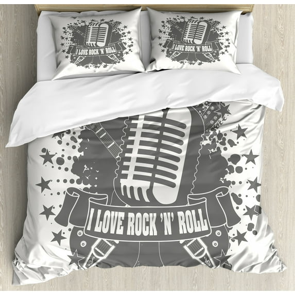 Rock Music Duvet Cover Set King Size, Monochrome Microphone Retro Style Guitars Stars and Dots Illustration Abstract, Decorative 3 Piece Bedding Set with 2 Pillow Shams, Grey White, by Ambesonne