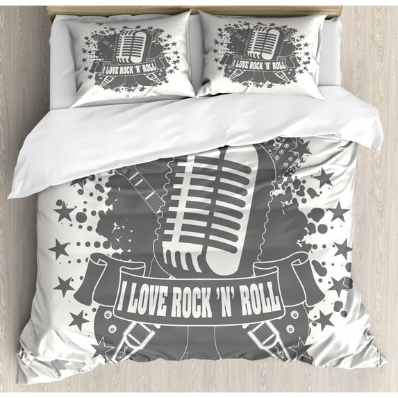 Rock Music Duvet Cover Set Queen Size, Monochrome Microphone Retro Style Guitars Stars and Dots Illustration Abstract, Decorative 3 Piece Bedding Set with 2 Pillow Shams, Grey White, by Ambesonne