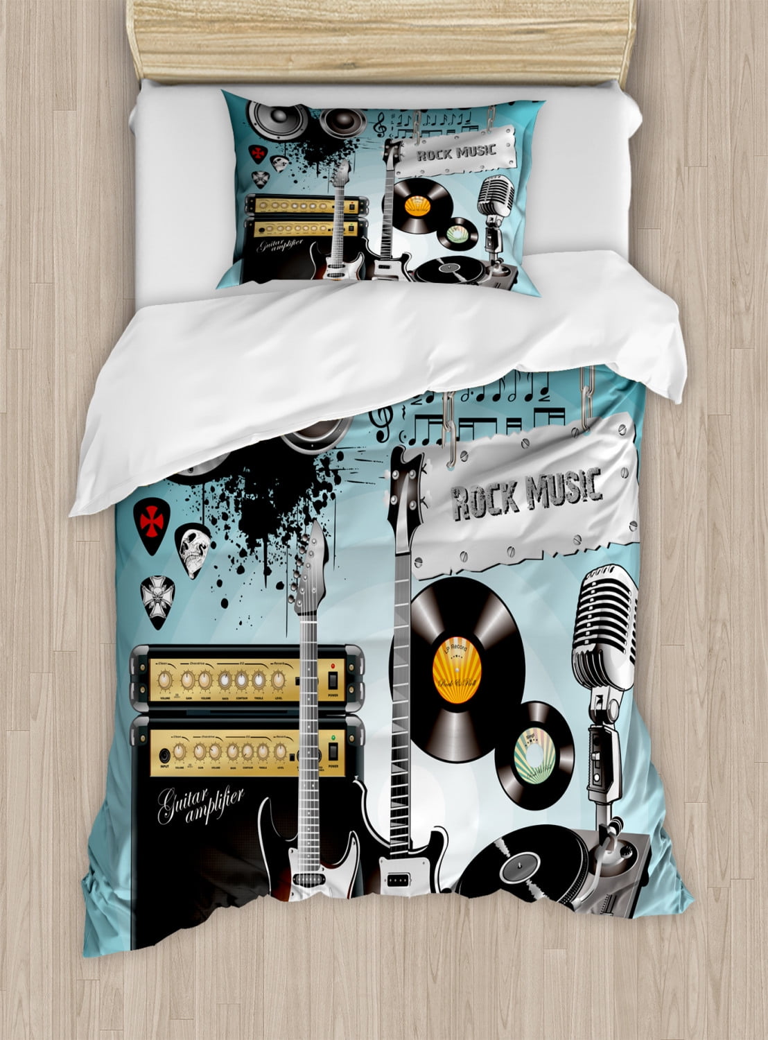 Twin Multicolor Rock Music Duvet Cover Set with Pillow Sham