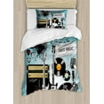 thumbnail image 1 of Rock Music Duvet Cover Set Twin Size, Concert Pattern Guitars and Records with Giant Speakers Ornamental Arrangement, Decorative 2 Piece Bedding Set with 1 Pillow Sham, Multicolor, by Ambesonne, 1 of 3