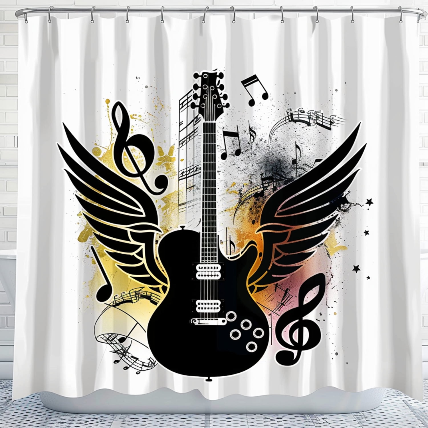 Rock Music Guitar Wings Shower Curtain White Background Bathroom