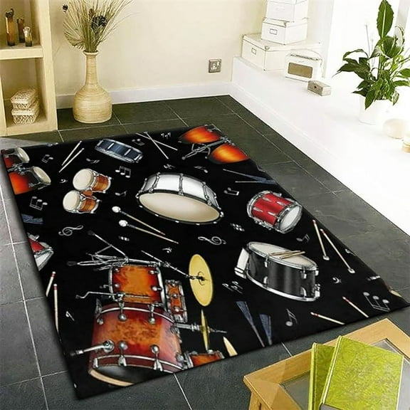 Rock Music Instrument Area Rugs, Drum Set Black Bedroom Carpet, Easy To Clean Rugs For Rock Lovers, Machine Washable Non-Slip Carpet For Living Room Classroom Nursery 1x2ft