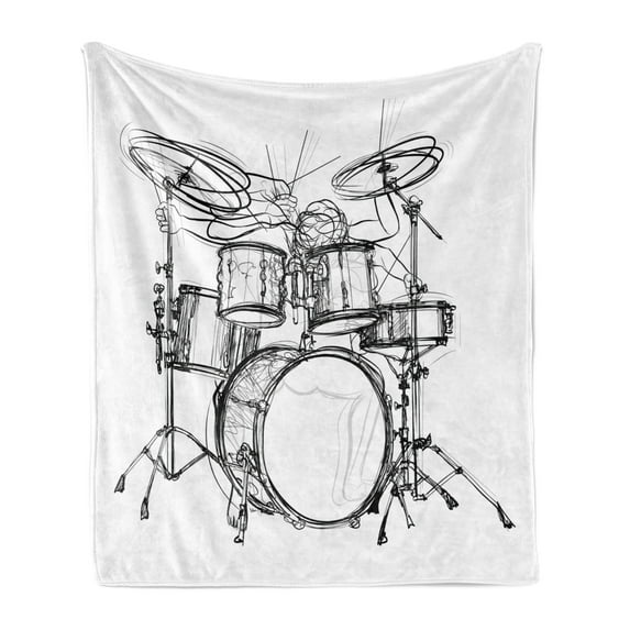 Rock Music Soft Flannel Fleece Blanket, Doodle Drawing Sketch Drummer Musical Inspirations Monochrome Arrangement, Cozy Plush for Indoor and Outdoor Use, 60" x 80", White and Black, by Ambesonne