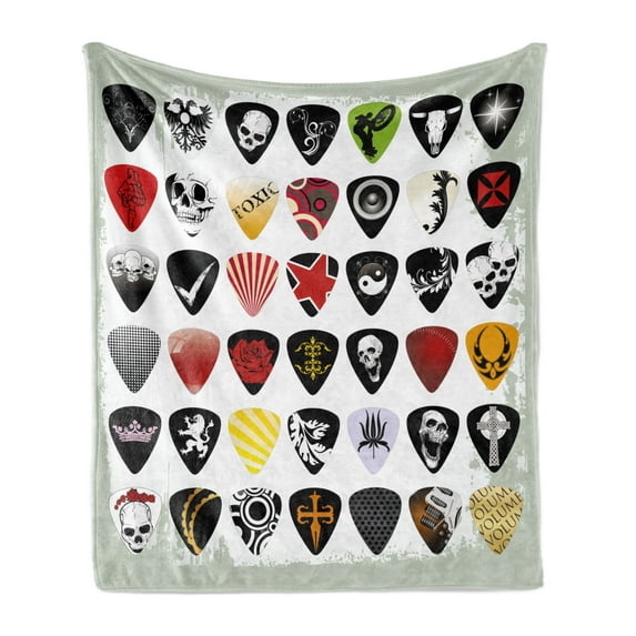 Rock Music Soft Flannel Fleece Blanket, Guitar Picks Various Designs Skulls Crosses Stripes and Stars Rockstar Lifestyle, Cozy Plush for Indoor and Outdoor Use, 50" x 70", Multicolor, by Ambesonne