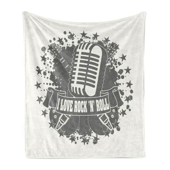 Rock Music Soft Flannel Fleece Blanket, Monochrome Microphone Retro Style Guitars Stars and Dots Illustration Abstract, Cozy Plush for Indoor and Outdoor Use, 50" x 60", Grey White, by Ambesonne