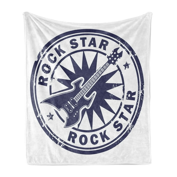 Rock Music Soft Flannel Fleece Blanket, Vintage Logo Design Guitar and Sun Pattern Grunge Stamp Monochrome Illustration, Cozy Plush for Indoor and Outdoor Use, 50" x 60", Cobalt Blue, by Ambesonne