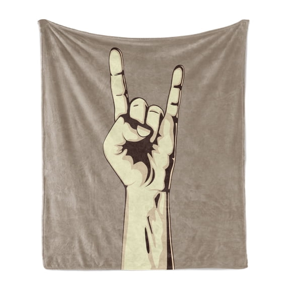 Rock Music Soft Flannel Fleece Throw Blanket, Devil Sign Vintage Illustration Hand Gesture Abstract Musical Elements, Cozy Plush for Indoor and Outdoor Use, 50" x 70", Taupe Ivory, by Ambesonne