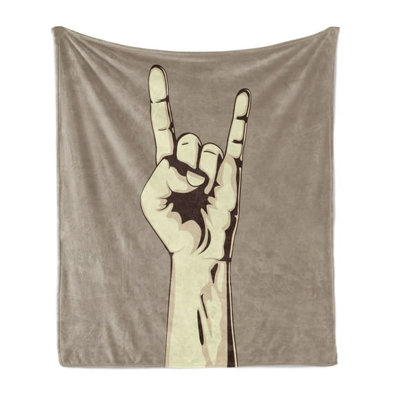 Rock Music Soft Flannel Fleece Throw Blanket, Devil Sign Vintage Illustration Hand Gesture Abstract Musical Elements, Cozy Plush for Indoor and Outdoor Use, 60" x 80", Taupe Ivory, by Ambesonne