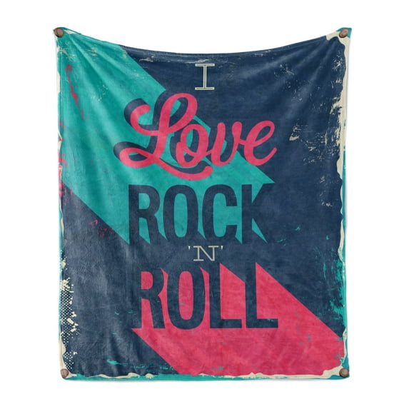 Rock Music Soft Flannel Fleece Throw Blanket, Vintage I Love Rock and Roll Slogan Worn Abstract Poster, Cozy Plush for Indoor and Outdoor Use, 70" x 90", Dark Coral Turquoise, by Ambesonne