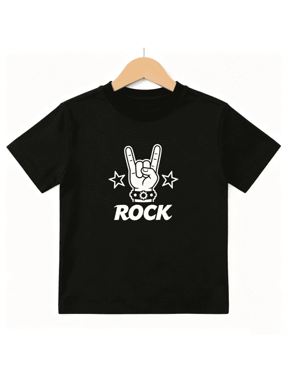 Rock N Roll Boys Graphic Tee, Cool Rock Hand Sign Music Concert 100% Cotton Kids Short Sleeve T-Shirt