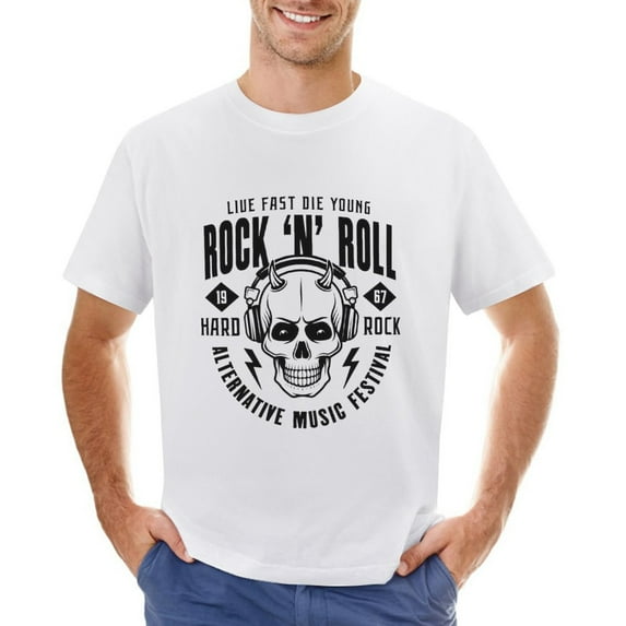 Rock N Roll Festival Print Or Emblem with Devil Skull in Headphones And Horns Vector Illustration Is Men’s Graphic T-shirt Vintage Short Sleeve Sport Tee White S