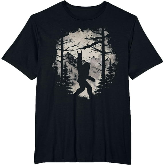 Rock On Bigfoot Sasquatch Loves Rock And Roll Mountain Trees T-ShirtMen's and women's gift, black and white T-shirt, size: Extra large S-4XL