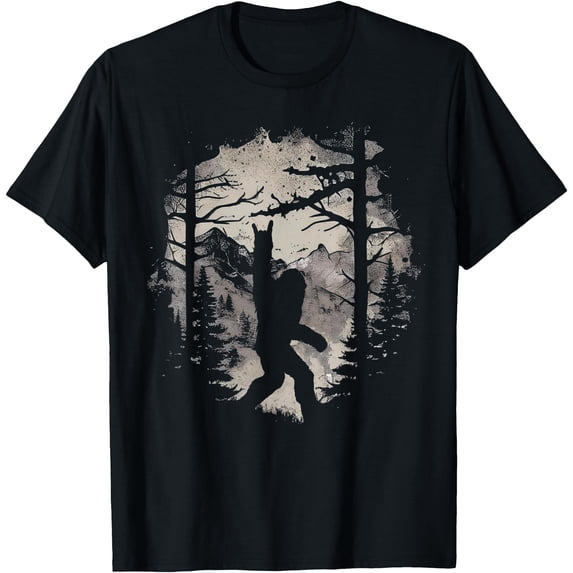 Rock On Bigfoot Sasquatch Loves Rock And Roll Mountain Trees Unisex T-Shirt for Men Women Kids Toddler,Black Color,Size L