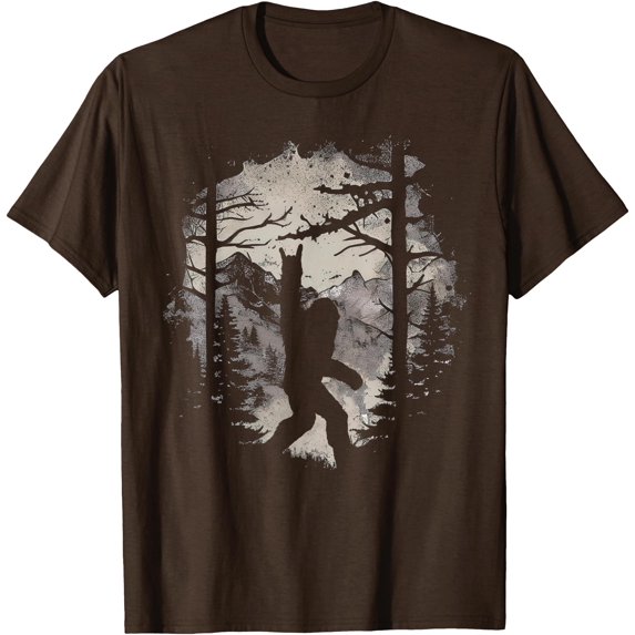 Rock On Bigfoot Sasquatch Loves Rock And Roll Mountain Trees Unisex T-Shirt for Men Women Kids Toddler,Dark Chocolate Color,Size 2XL