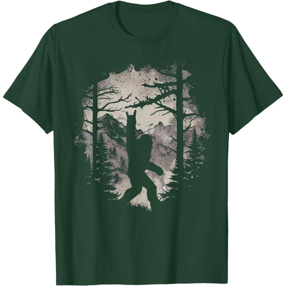 Rock On Bigfoot Sasquatch Loves Rock And Roll Mountain Trees Unisex T-Shirt for Men Women Kids Toddler,Forest Green Color,Size 3XL