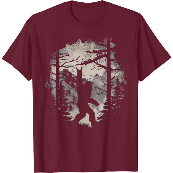 Rock On Bigfoot Sasquatch Loves Rock And Roll Mountain Trees Unisex T-Shirt for Men Women Kids Toddler,Maroon Color,Size 4XL