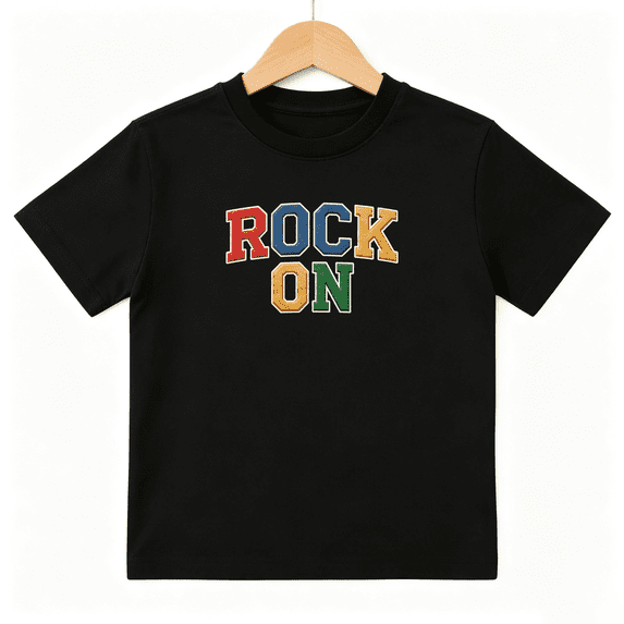 Rock On Boys Graphic Tee, Retro College Varsity Style Text 100% Cotton Kids Short Sleeve T-Shirt