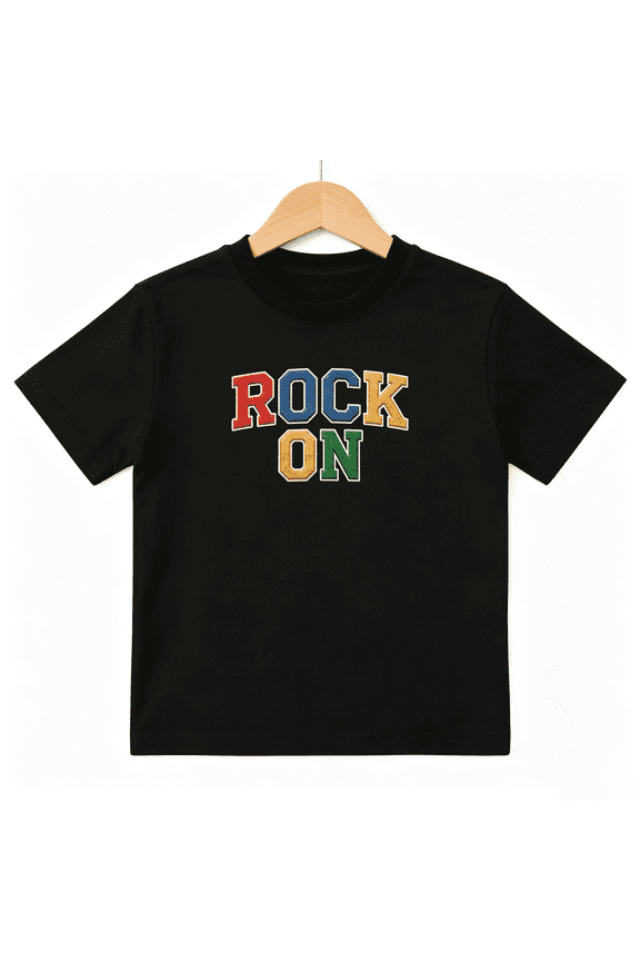 Rock On Boys Graphic Tee, Retro College Varsity Style Text 100% Cotton Kids Short Sleeve T-Shirt