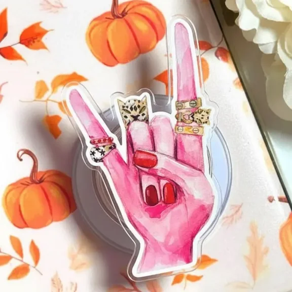 Rock On Hand with Rings Phone Grip  Bold Pink Design, Trendy Phone Holder for Music Lovers, Fun Accessory for Fashion Teens