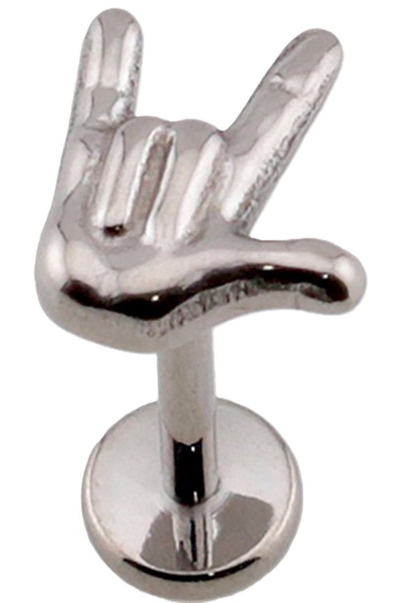 Rock On Sign of the Horns Labret Stud, Implant Grade Titanium, 18G, 5/16" Length, 3D Hand Gesture Style