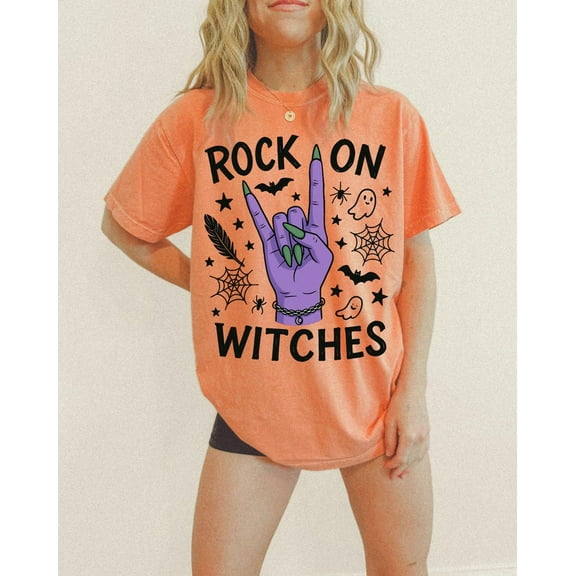 Rock On Witches T-Shirt, Funny Halloween Witch Hand Tee, Spooky Rock n Roll Shirt for Women, Cute Fall Graphic for October Outfit