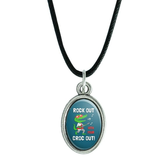 Rock Out with Your Croc Out Crocodile Roll Funny Humor Antiqued Oval Charm Pendant with Black Satin Cord