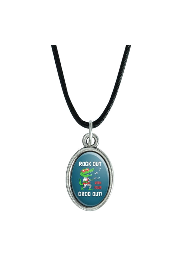 Rock Out with Your Croc Out Crocodile Roll Funny Humor Antiqued Oval Charm Pendant with Black Satin Cord