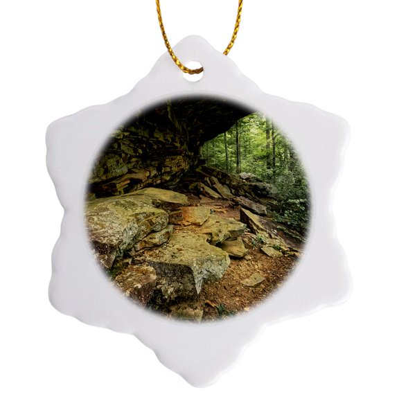 3drose, Rock Overhang in the Forest in Monte Sano State Park, 3 inch Snowflake Porcelain Ornament