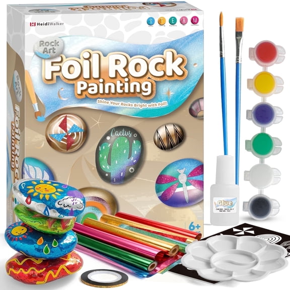 Piano Potato Foil Rock Painting Kit for Kids - DIY Metallic Transfer Foil Art Set with 10 Smooth Stones, 6 Paints, 10 Stencils & Display Case - Arts & Crafts Gift for Boys & Girls Ages 6-12