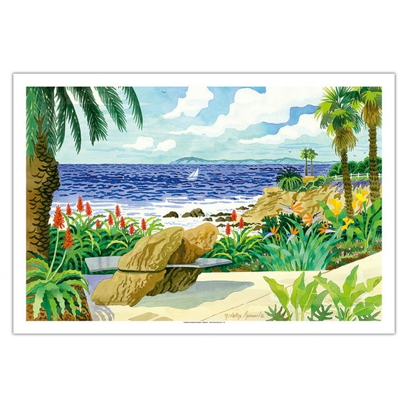 Rock Pile Carve Bench at Heisler Park - Laguna Beach California - From an Original Watercolor Painting by Robin Wethe Altman - Fine Art Matte Paper Print (Unframed) 30x44in