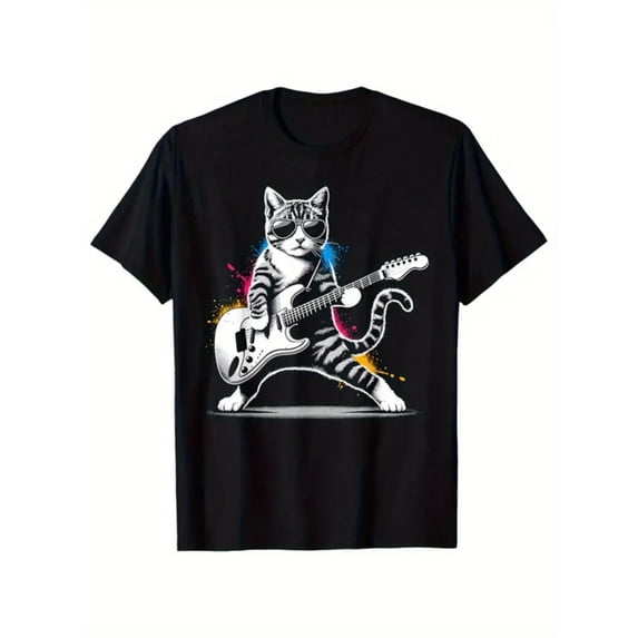 Rock Punk Graphic Tee, Tops Has Vibrant Guitar Kitten & Color Splash Design,Casual Round Neck Regular Fit Tee, Size(S-5XL)